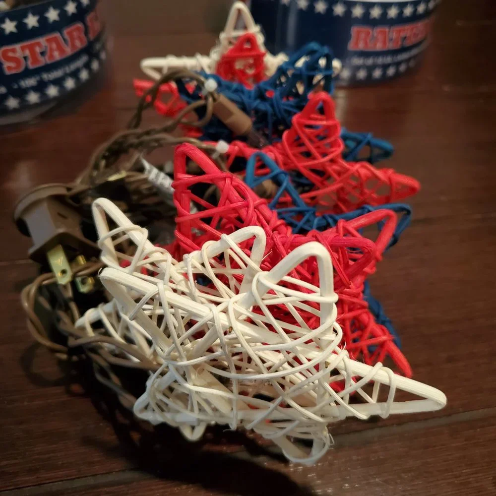 Set of 2-Red White Blue Rattan Star Light Strand-July 4-Patriotic-8 Feet Ea-New
